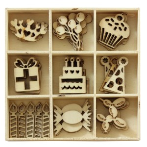 Kształty z drewna URODZINY 45szt. 