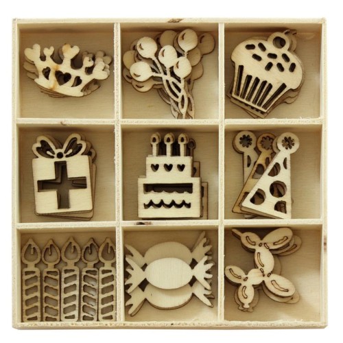 Kształty z drewna URODZINY 45szt.